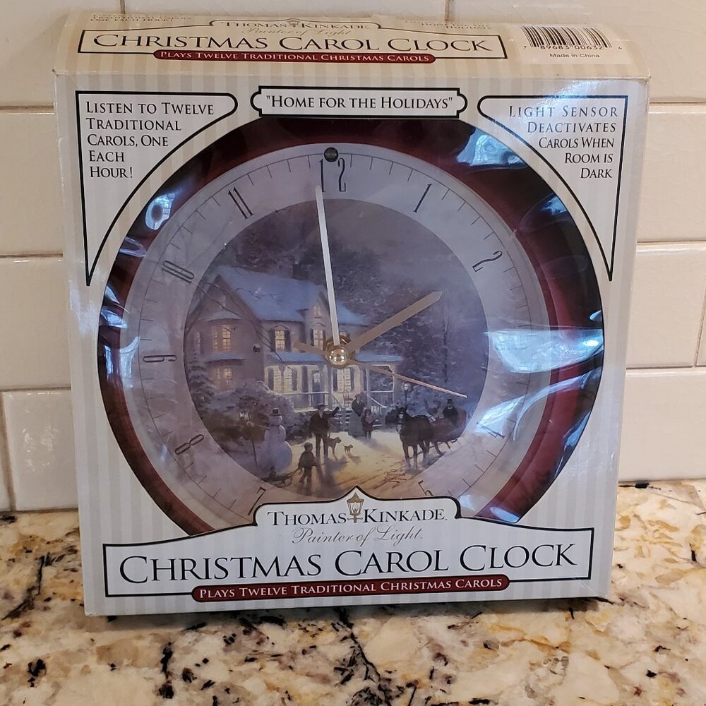 Thomas Kinkade CHRISTMAS Carol Clock 12 Songs VILLAGE 8" - Light Sensor NEW